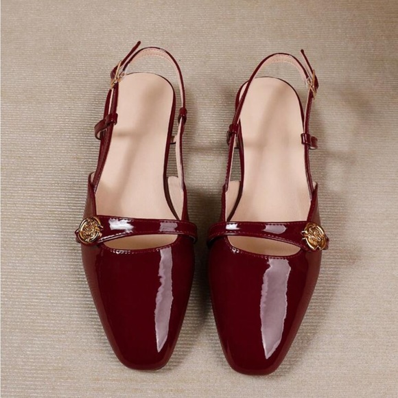 Burgundy, maroon, dark red Round toe Mary Jane style slingback faux patent flats - Picture 4 of 5